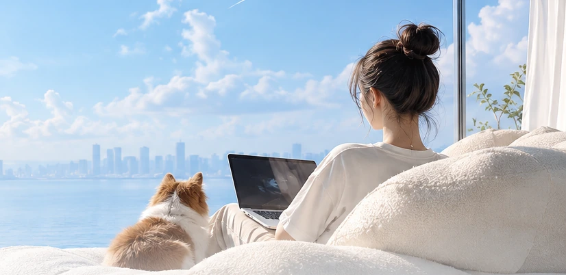 A person working comfortably on a laptop beside a dog, with an open sky and waterfront view